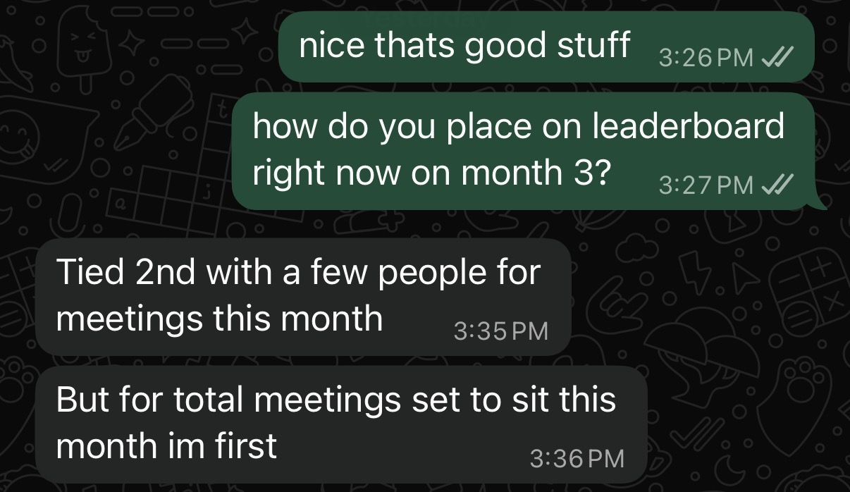 Skip to Sales student result: finishing first on the team for meetings set