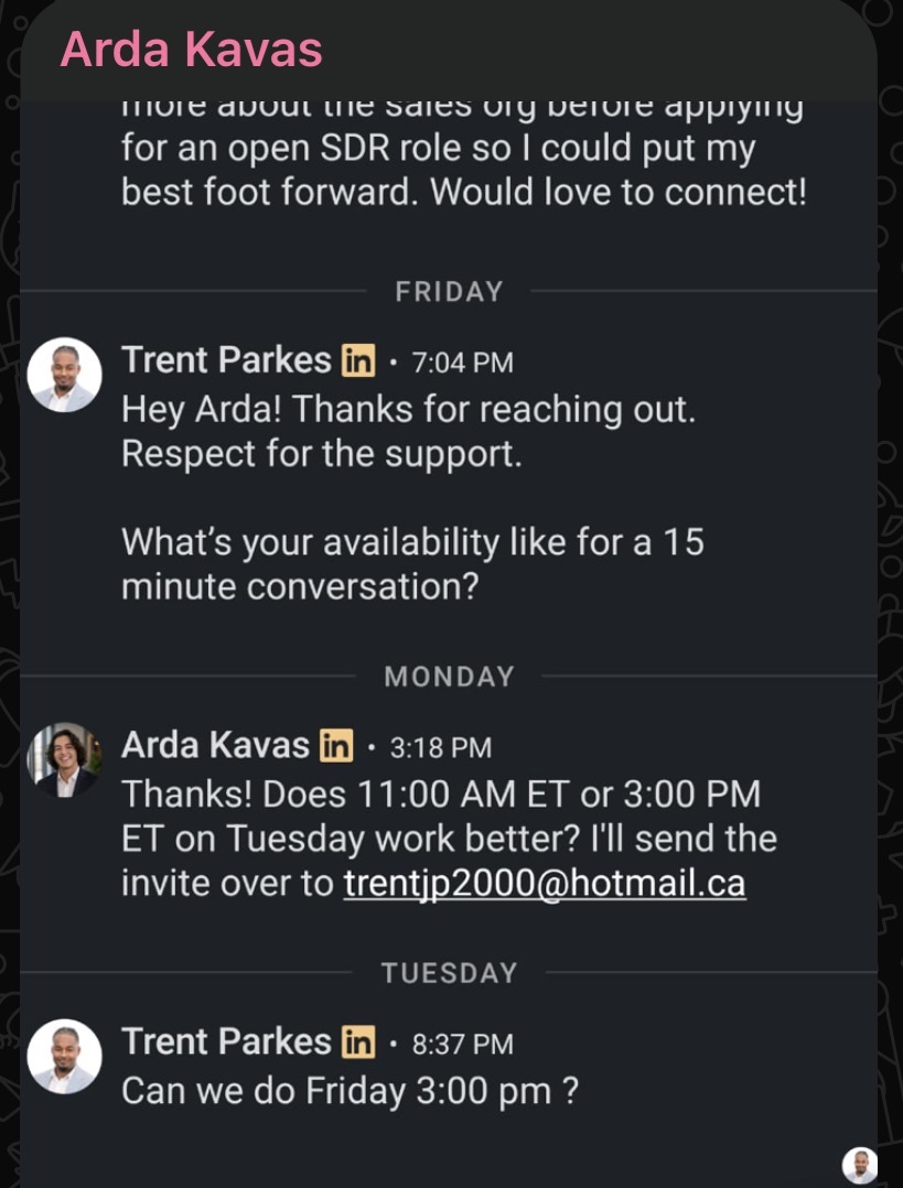 Skip to Sales student result: a recruiter replying on LinkedIn and scheduling a 15-minute call for an SDR role