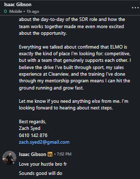 Skip to Sales student result: a post-interview follow-up message and the hiring contact's reply