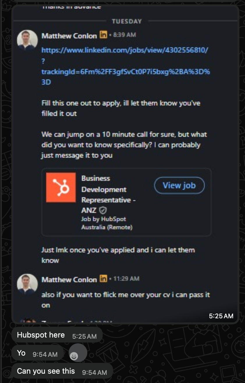 Skip to Sales student result: an internal referral passing on a CV for a HubSpot Business Development Representative role